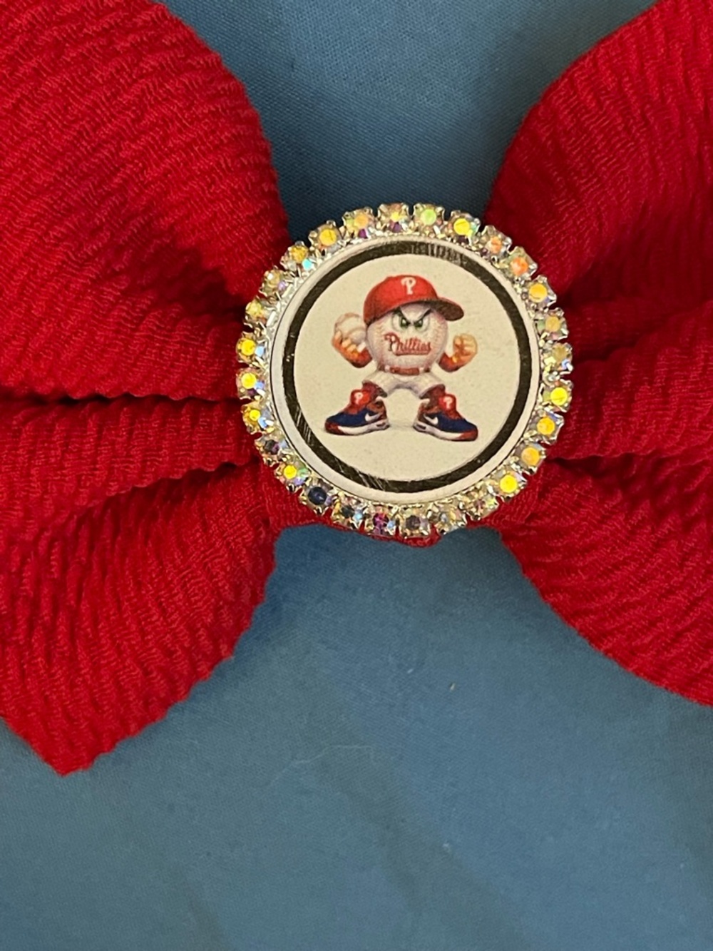 Red Bow Hair Clip with Rhinestone Phillies Center